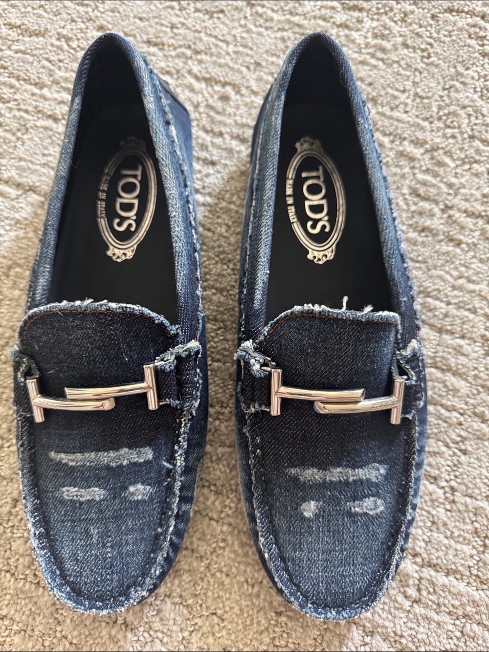 New TOD’S Denim Gommino Horsebit Driving Loafers Size 38.5 Made in Italy